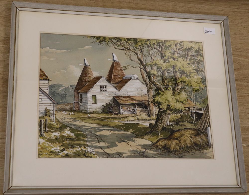 Jean-Charles Millet (1892-1944), pastel landscape with farmworker and sheep and a watercolour of oasthouses (2)